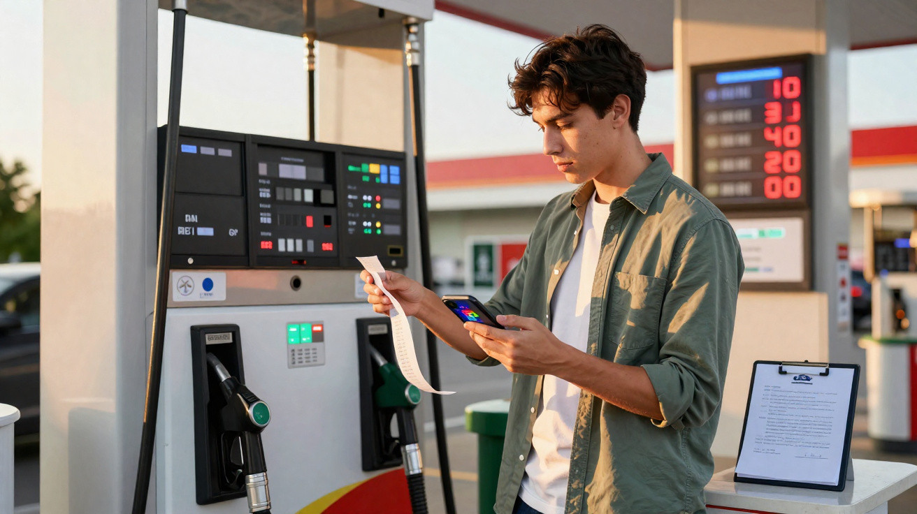 Homem jovem verificando recibo e celular junto a bomba de combustível em posto de gasolina ao entardecer.
