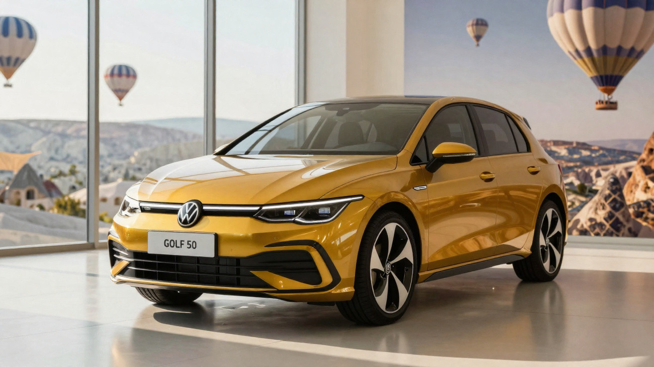 Carro Volkswagen Golf amarelo estacionado em ambiente interno com janelas e balões ao fundo.