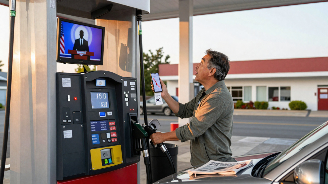 Homem abastecendo carro em posto de gasolina enquanto assiste a um discurso na TV do posto.