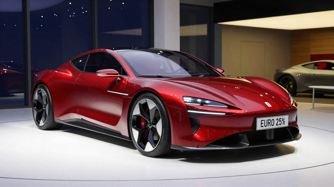 Carro esportivo vermelho com design futurista exposto em ambiente interno moderno.