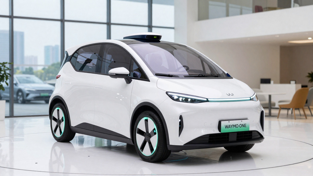 Carro elétrico autônomo branco Waymo One exibido em ambiente interno moderno.