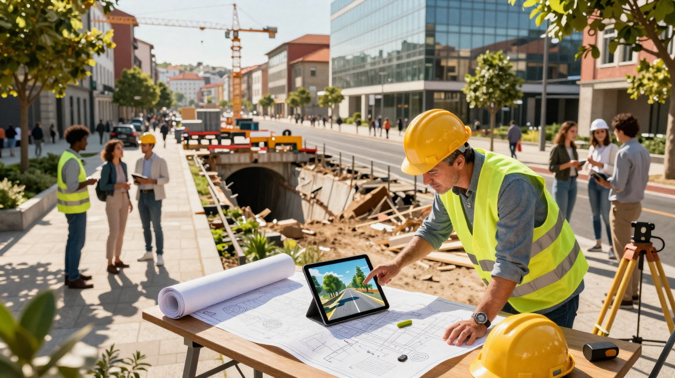 Engenheiro com colete e capacete trabalhando em obra urbana com plantas e tablet na mesa ao ar livre.
