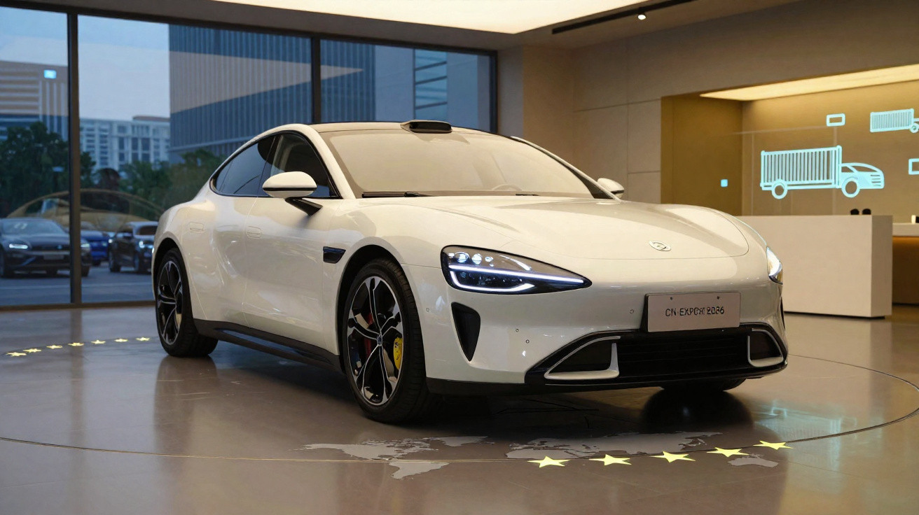 Carro esportivo branco em exposição interna, com faróis acesos e design aerodinâmico moderno.