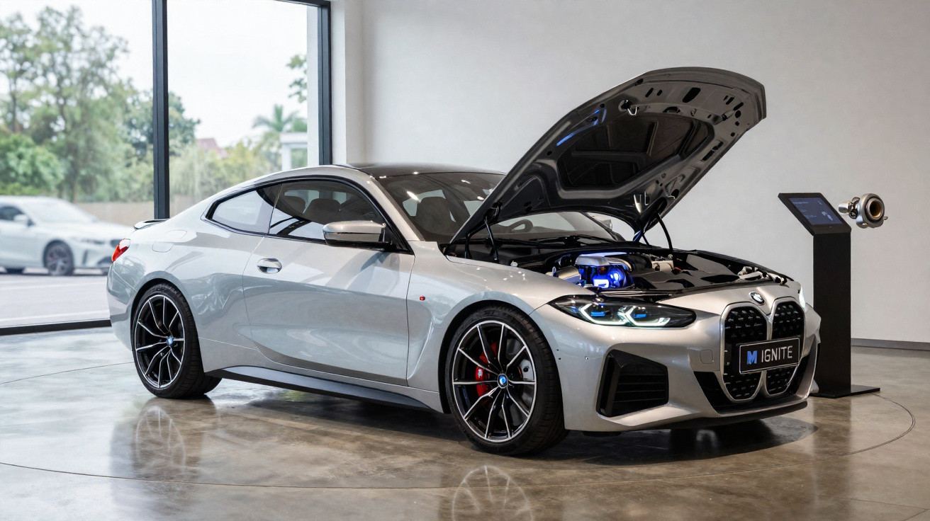 Carro esportivo prata BMW com capô aberto em showroom moderno com piso de concreto polido.