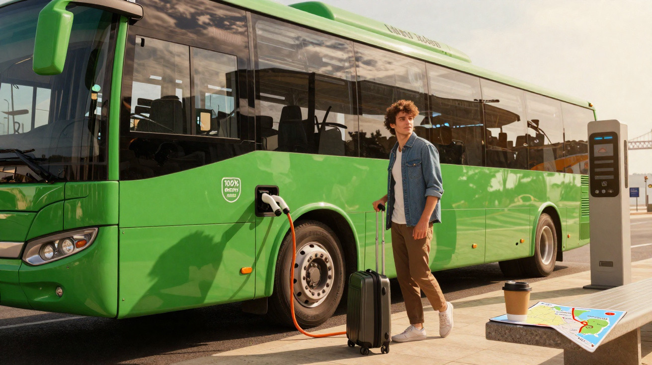 Homem com mala aguarda ao lado de ônibus verde elétrico sendo carregado em estação urbana.