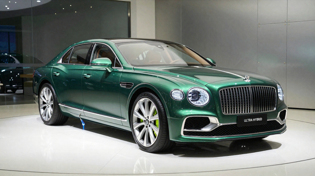 Carro de luxo verde metálico Bentley Ultra Hybrid em exposição interna com detalhes cromados e rodas grandes.