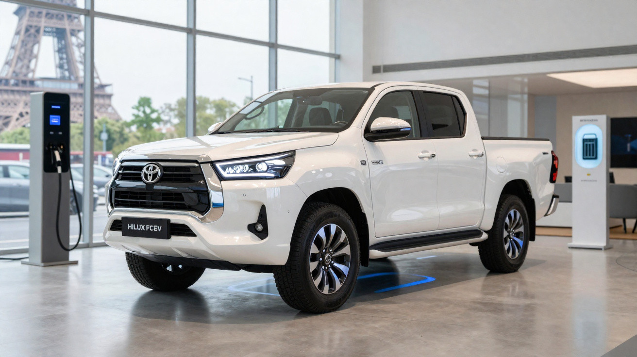 Picape branca Toyota Hilux FCEV em showroom moderno com estação de recarga ao lado.