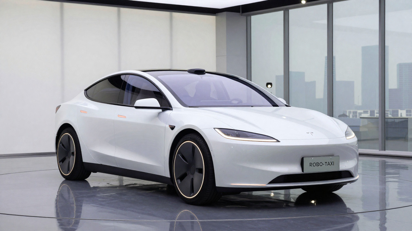 Carro autônomo branco estacionado em ambiente interno moderno com piso refletivo e grandes janelas.