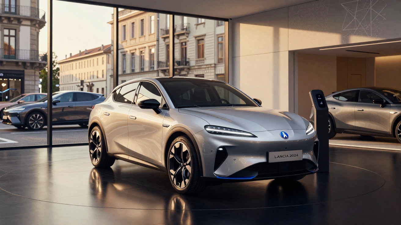 Carro elétrico cinza Lancia 2024 em showroom moderno com prédios ao fundo e estação de carregamento.