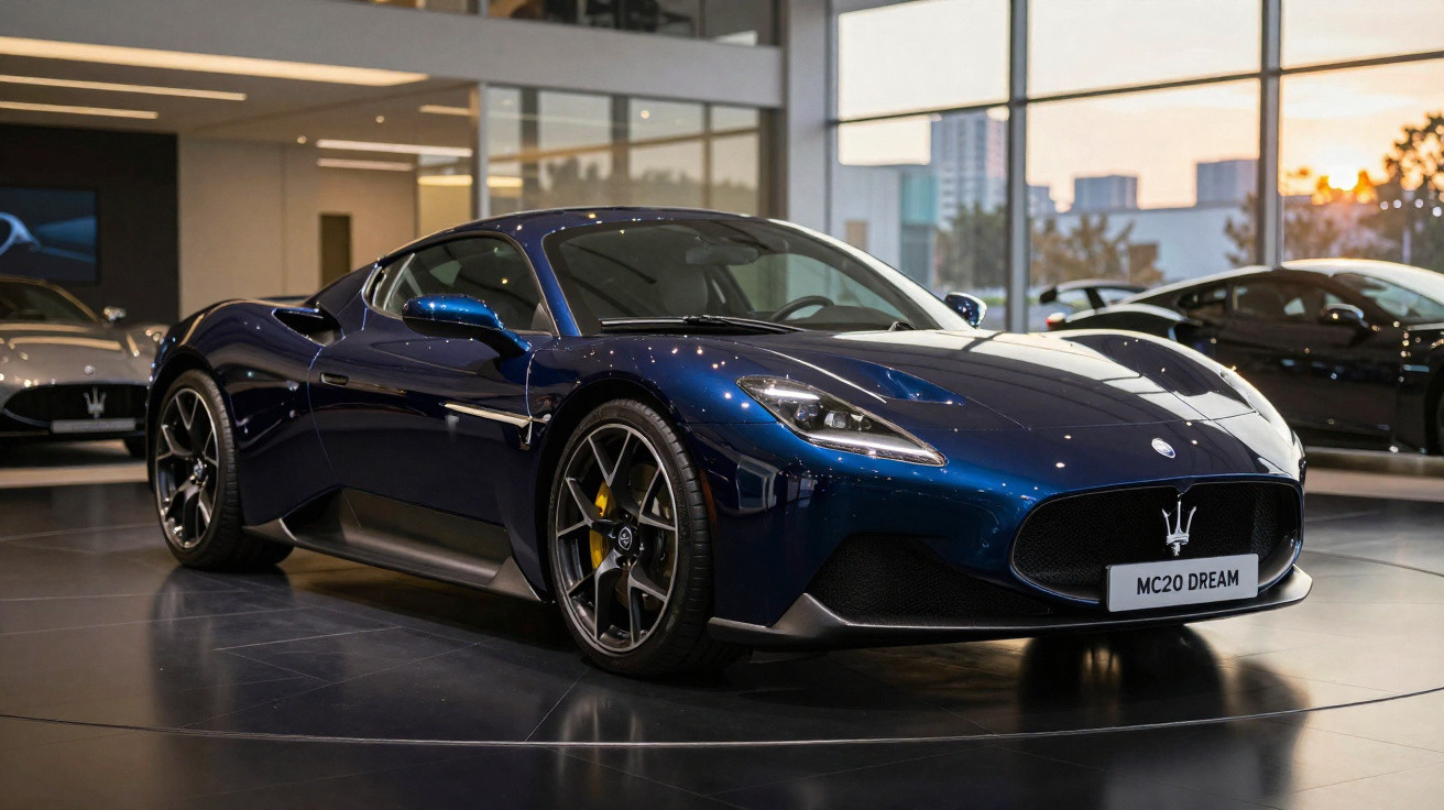 Carro esportivo azul Maserati MC20 Dream exposto em showroom moderno com iluminação interna.