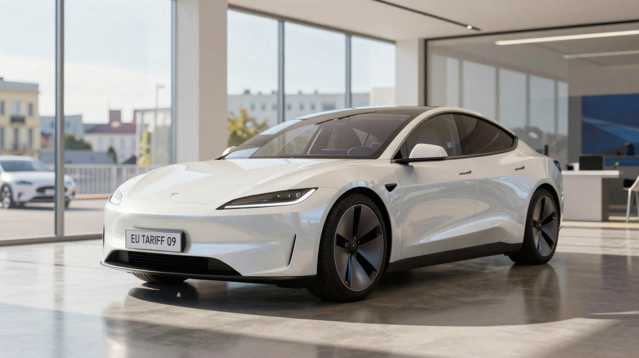 Carro elétrico branco Tesla Model S exibido em showroom moderno com vidros amplos.