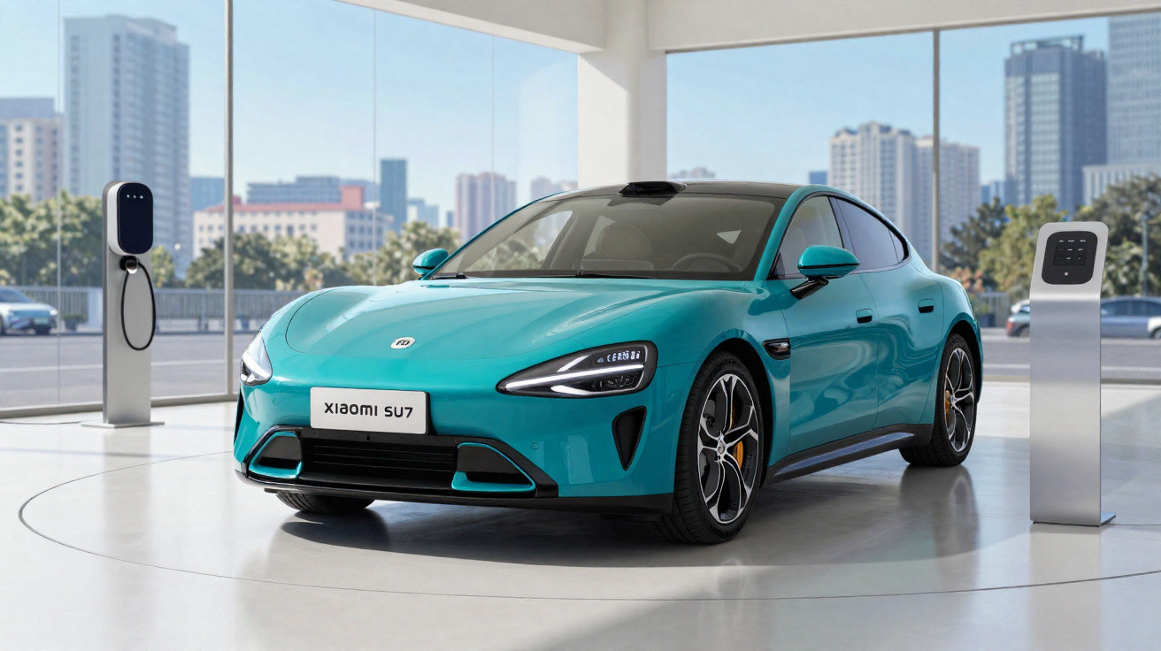 Carro elétrico azul Xiaomi SU7 em showroom moderno com carregadores elétricos e cidade ao fundo.