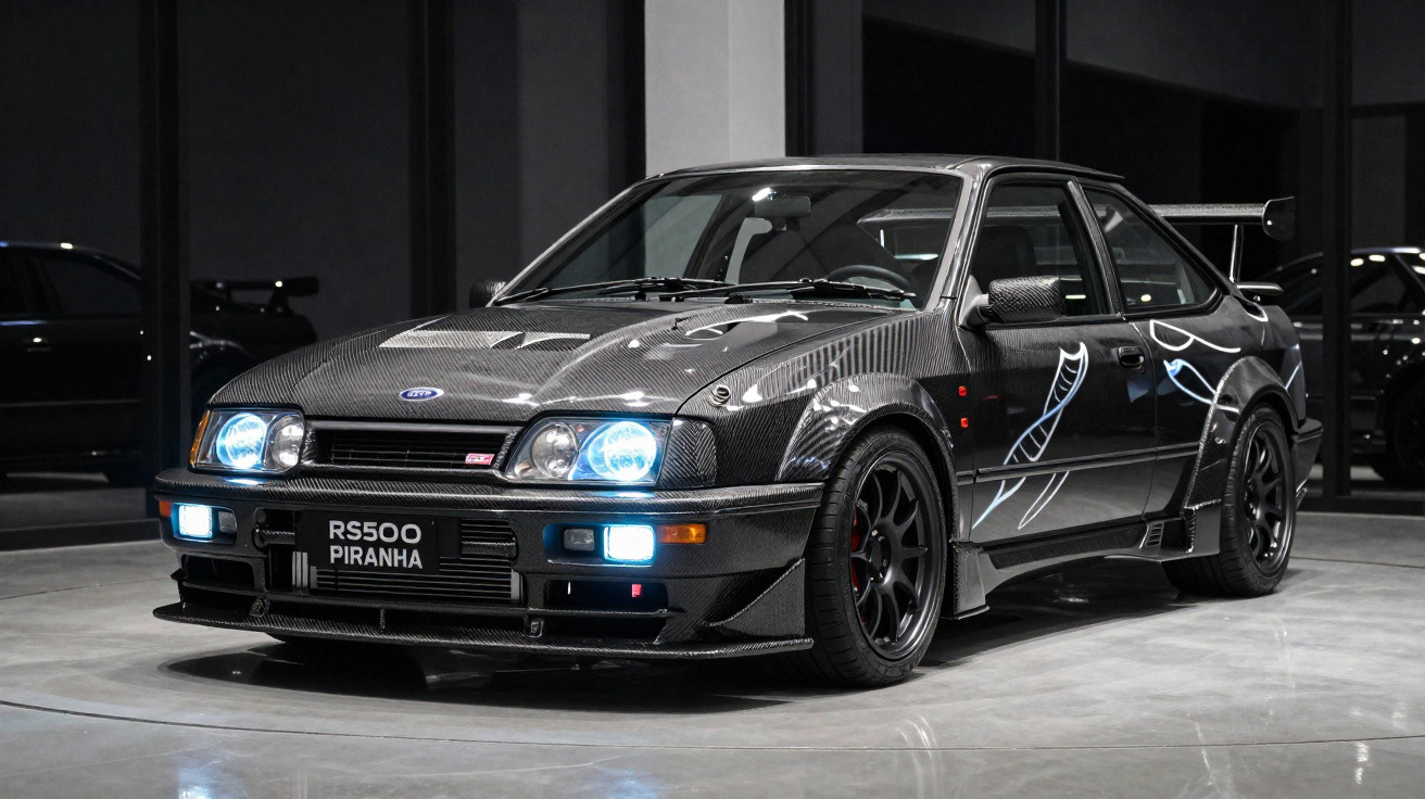 Carro esportivo Ford RS500 Piranha preto com detalhes em fibra de carbono e faróis acesos em garagem.