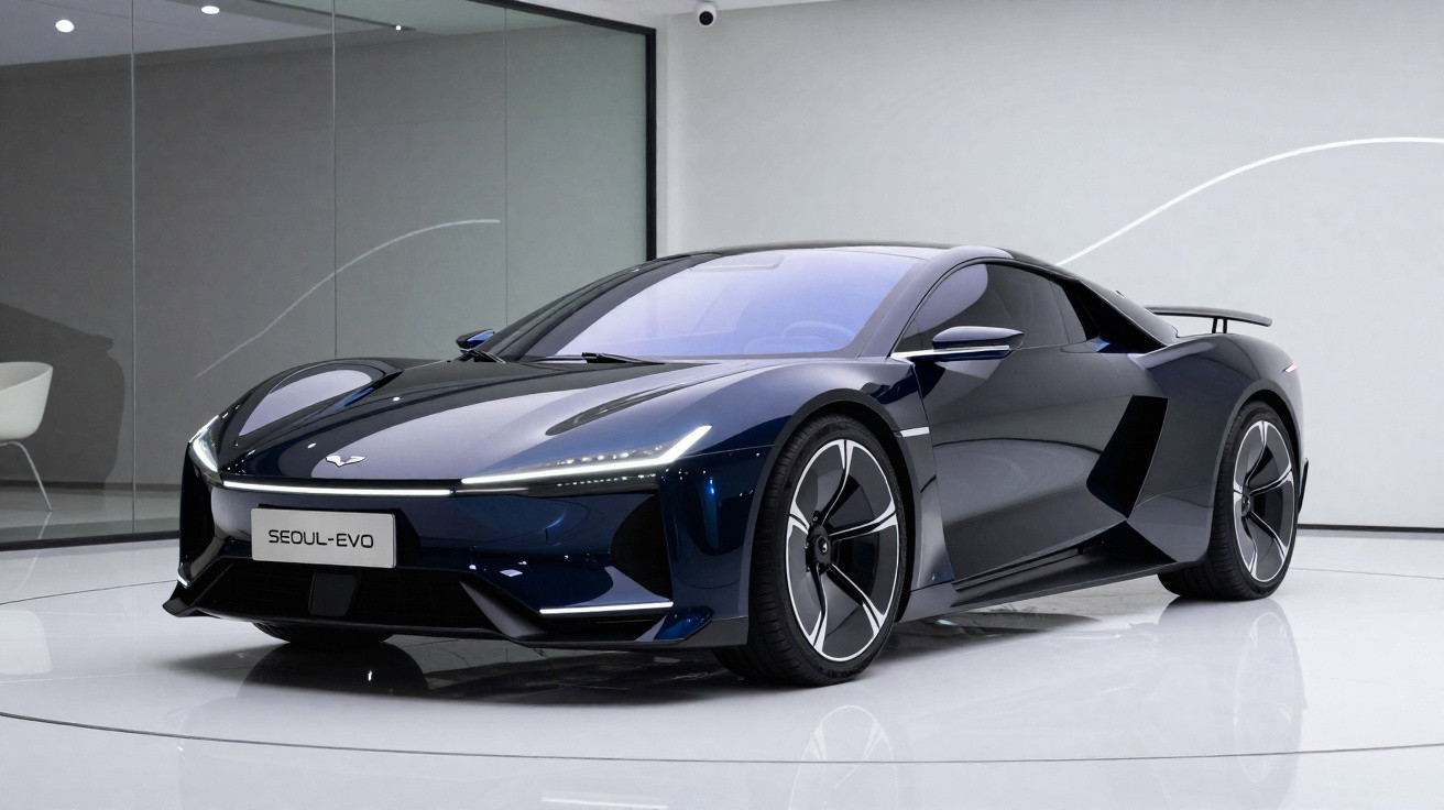 Carro esportivo elétrico azul escuro Seoul EVO em exibição em ambiente interno moderno e minimalista.
