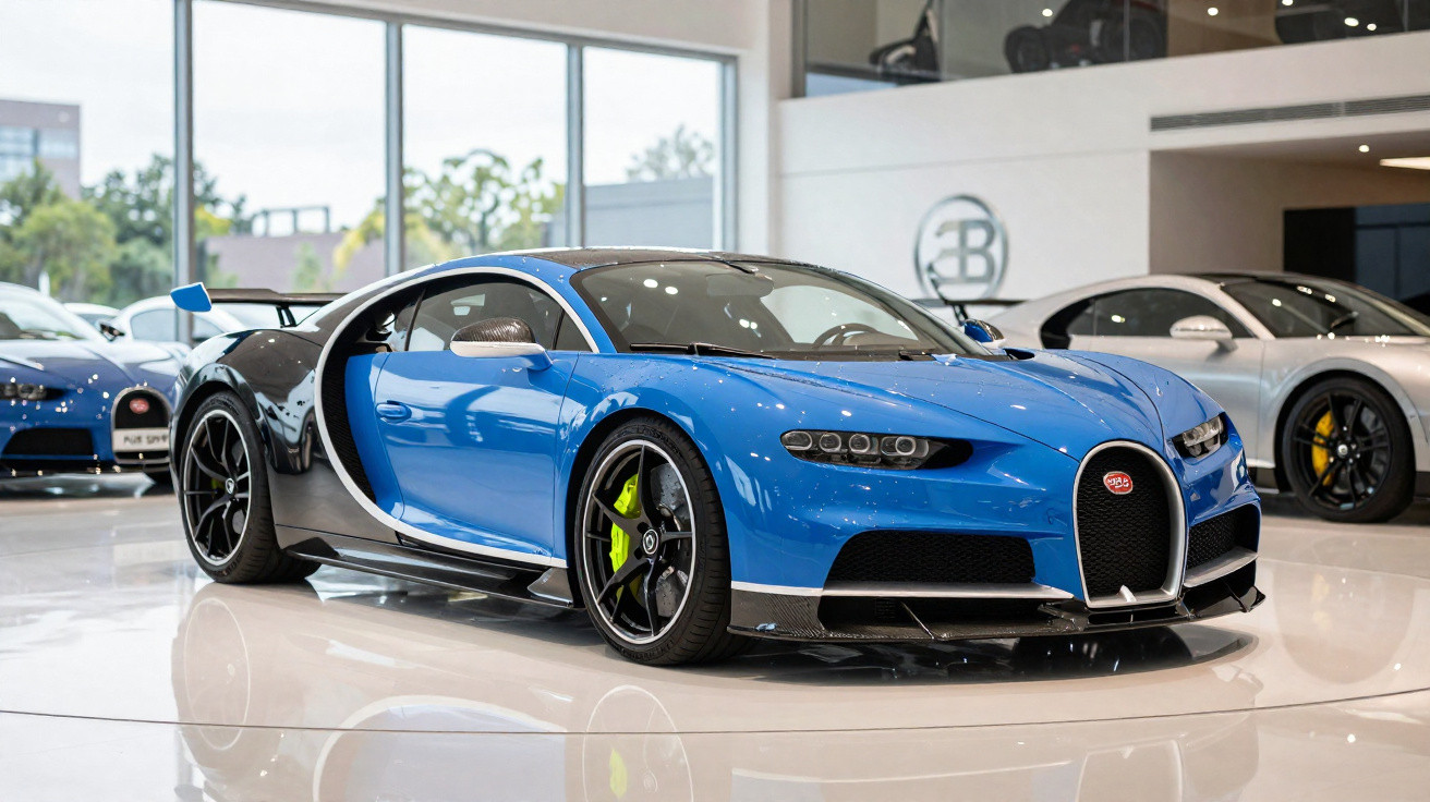 Bugatti Chiron azul com detalhes pretos em exposição em showroom moderno e iluminado.