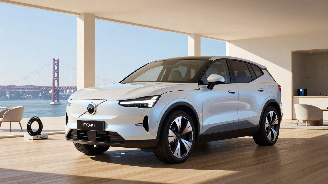 Carro elétrico Volvo EX90 branco estacionado em ambiente interno com ponte ao fundo e decoração minimalista.