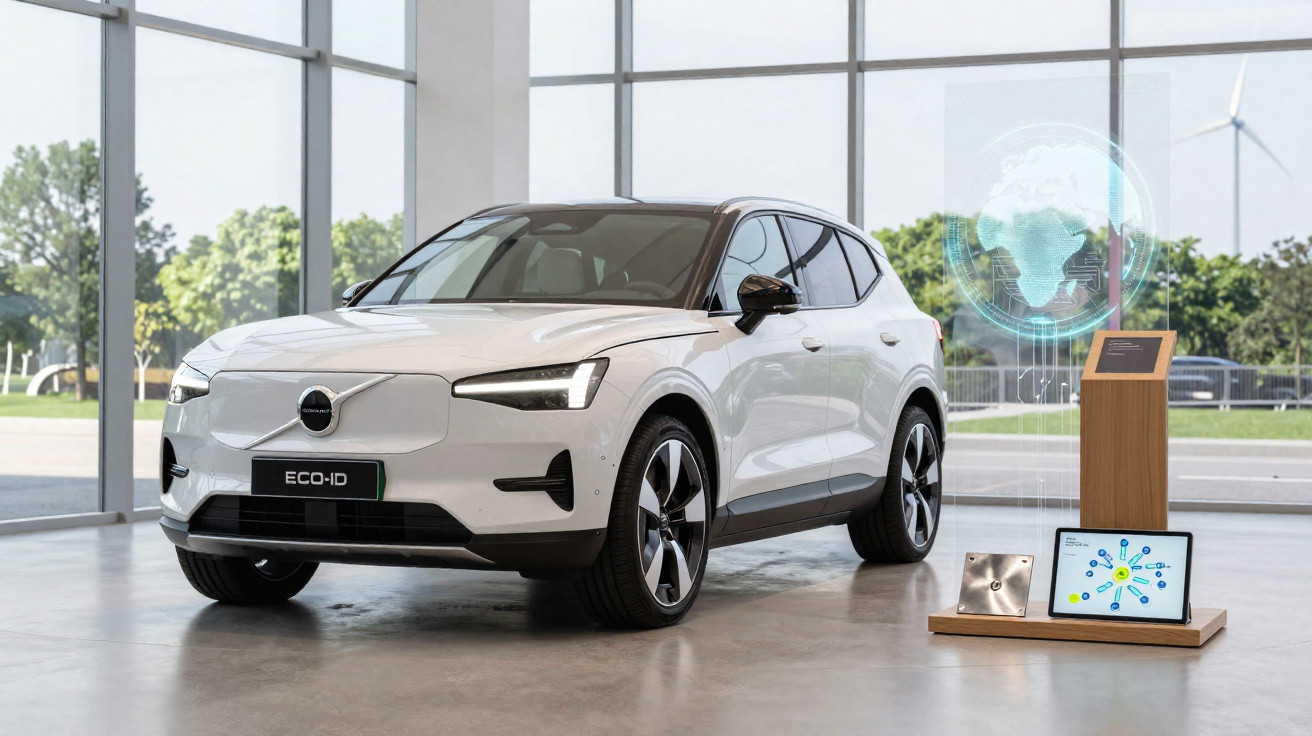 Carro elétrico branco Volvo ECO-ID em showroom moderno com holograma de planeta e tela digital ao lado.