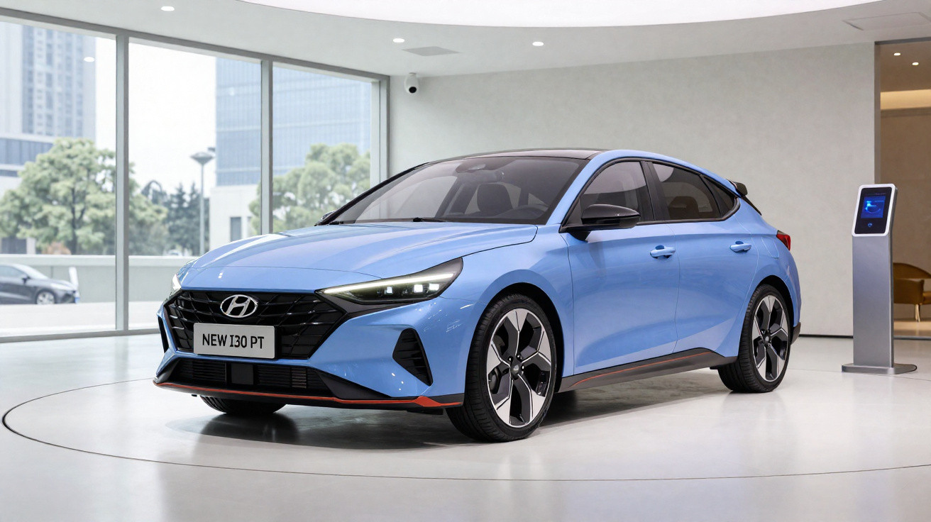 Carro azul Hyundai New i30 PT em exposição em ambiente interno moderno e iluminado.