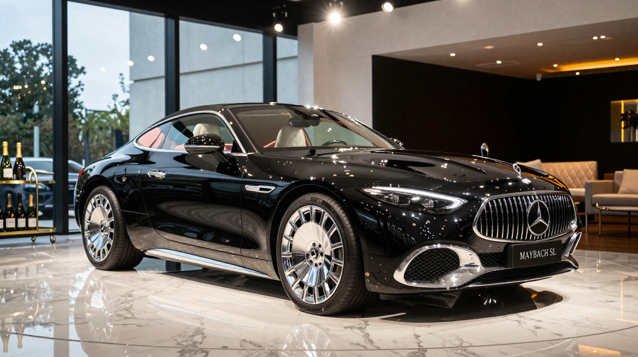 Carro luxo preto Mercedes Maybach SL exposto em showroom moderno com piso de mármore.