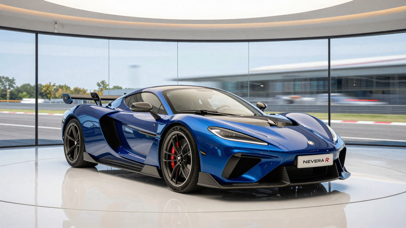 Carro esportivo azul McLaren Nevera R exibido em showroom com vidro panorâmico, ambiente moderno e iluminado.