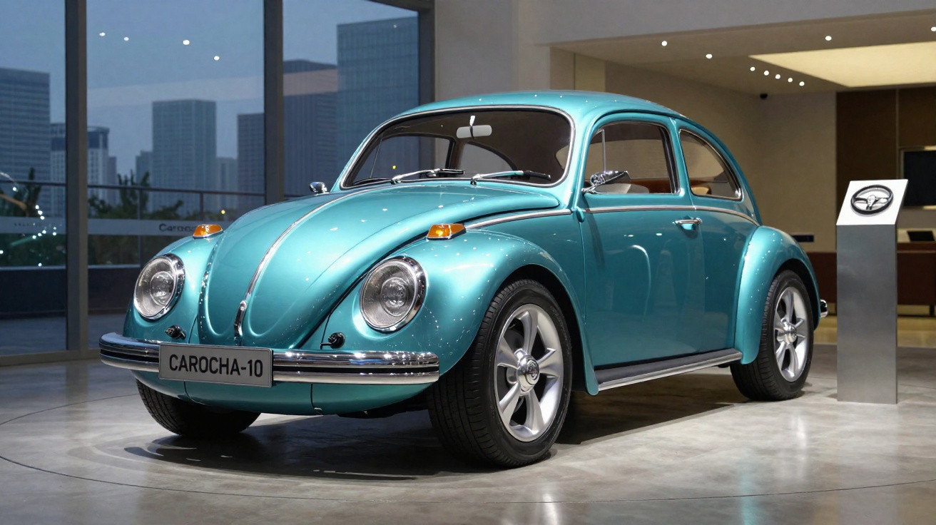 Carro clássico Volkswagen Fusca azul turquesa em exposição interna com placa personalizada Carocha-10.