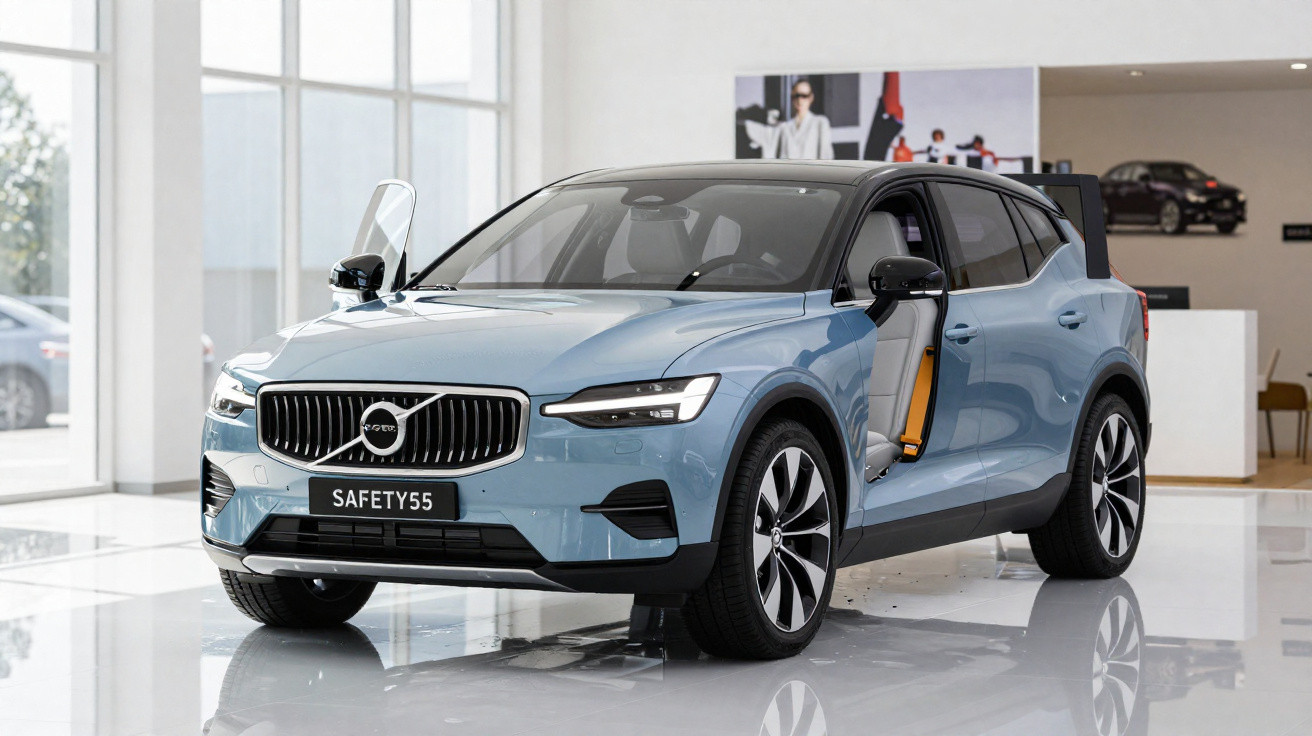 Carro azul Volvo SUV com porta dianteira aberta em ambiente interno moderno e iluminado.