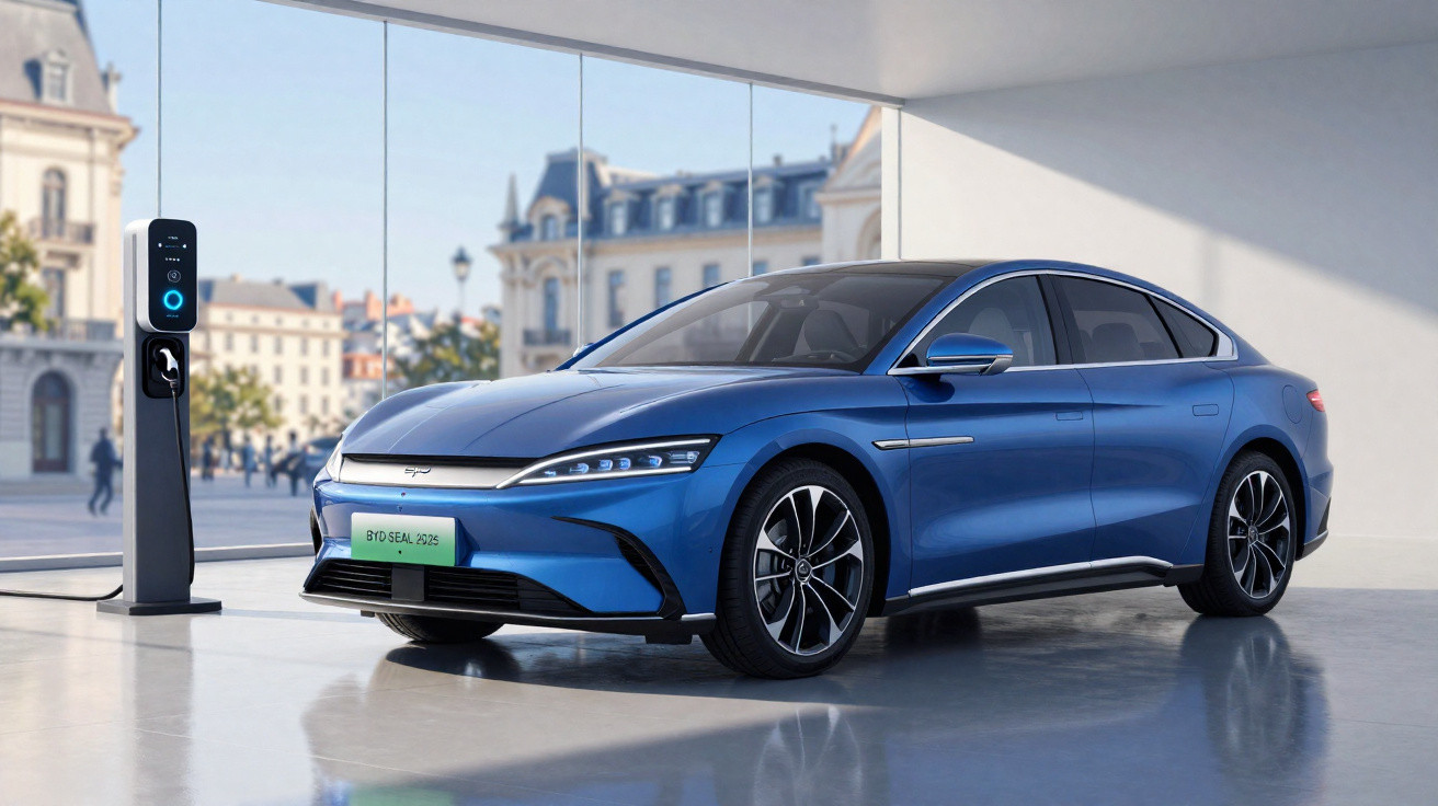 Carro elétrico azul estacionado em estação de recarga com prédio histórico ao fundo.