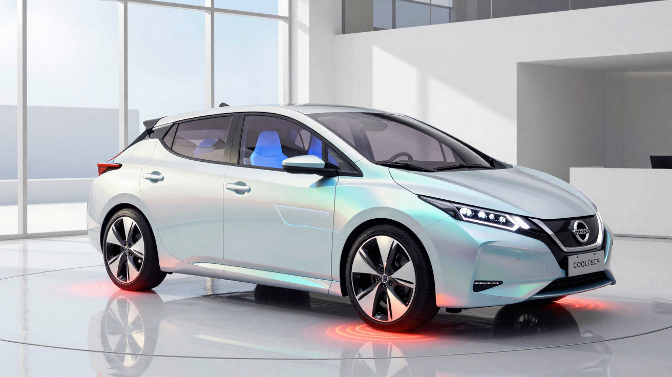 Carro elétrico hatchback prata com luzes de destaque vermelhas em ambiente moderno e iluminado.