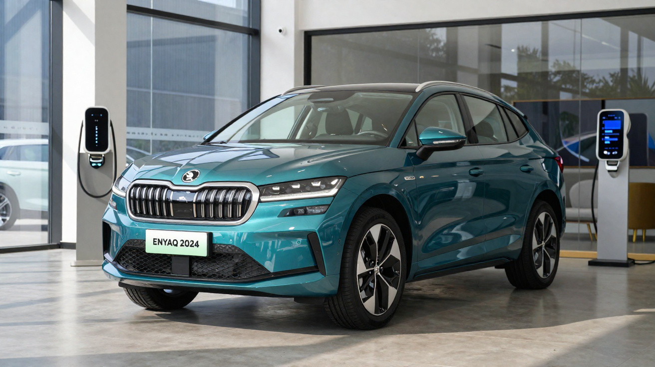 Carro elétrico Škoda Enyaq 2024 azul em exposição dentro de showroom com pontos de recarga ao redor.