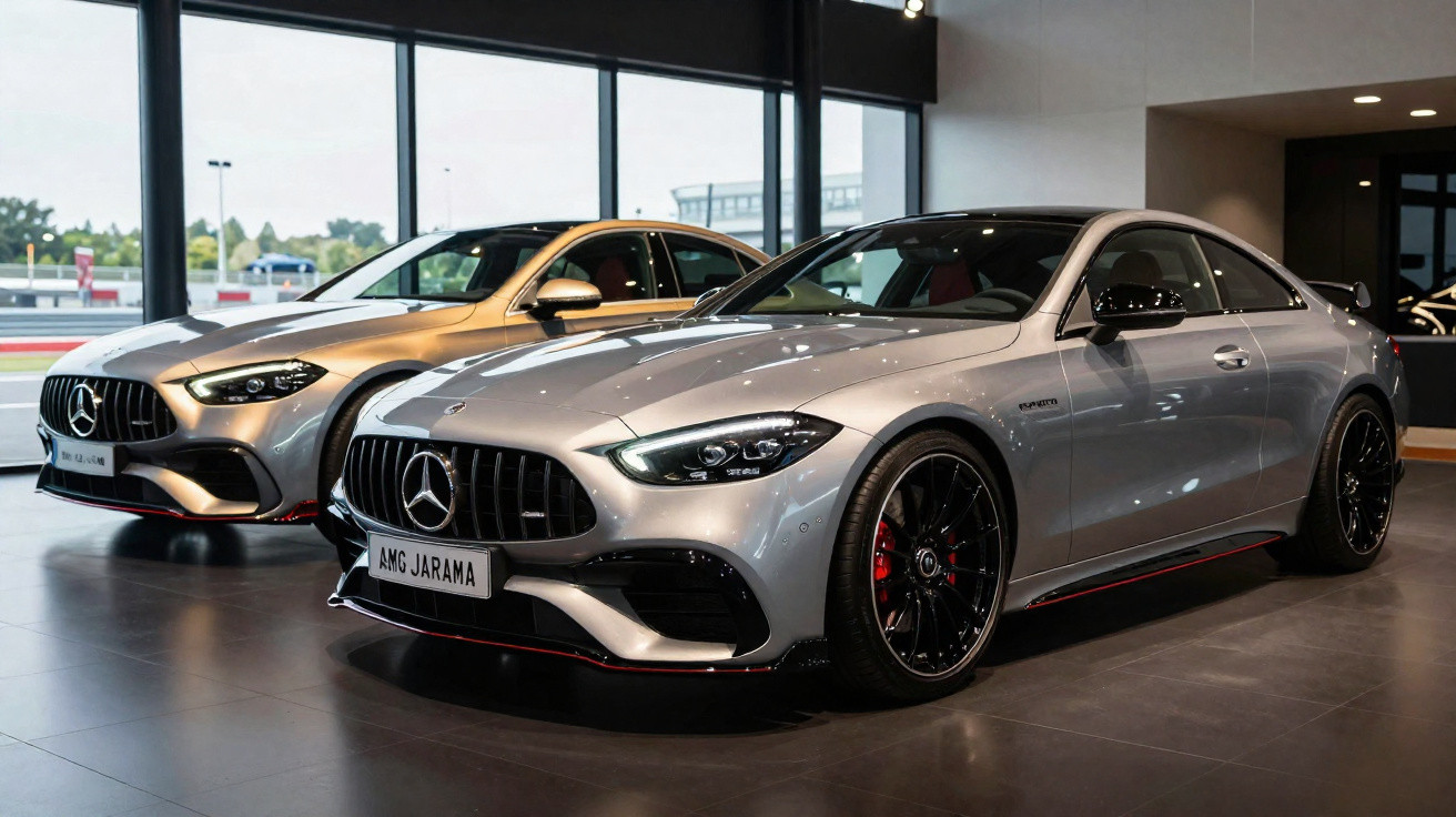 Dois carros esportivos Mercedes-Benz AMG prateados em showroom moderno.