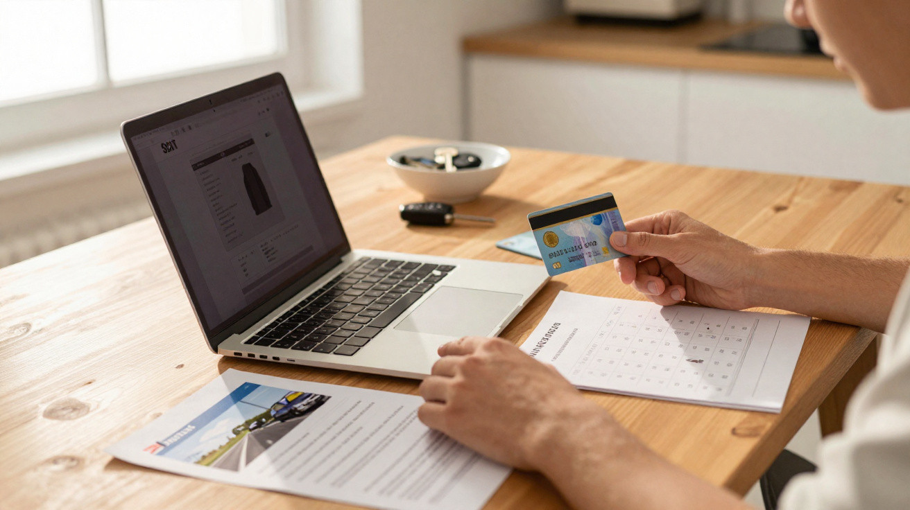 Pessoa segurando cartão de crédito e fazendo compra online em laptop sobre mesa de madeira.