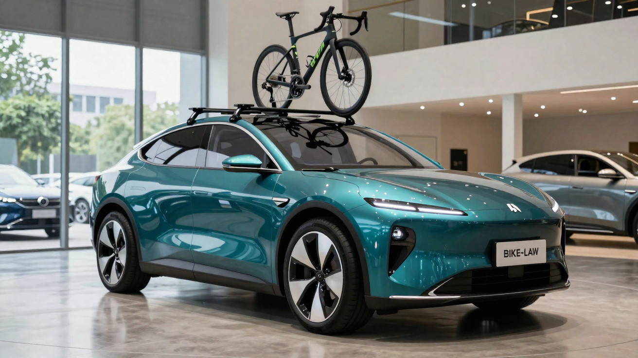 Carro elétrico verde com bicicleta presa no teto, exibido em showroom moderno e iluminado.