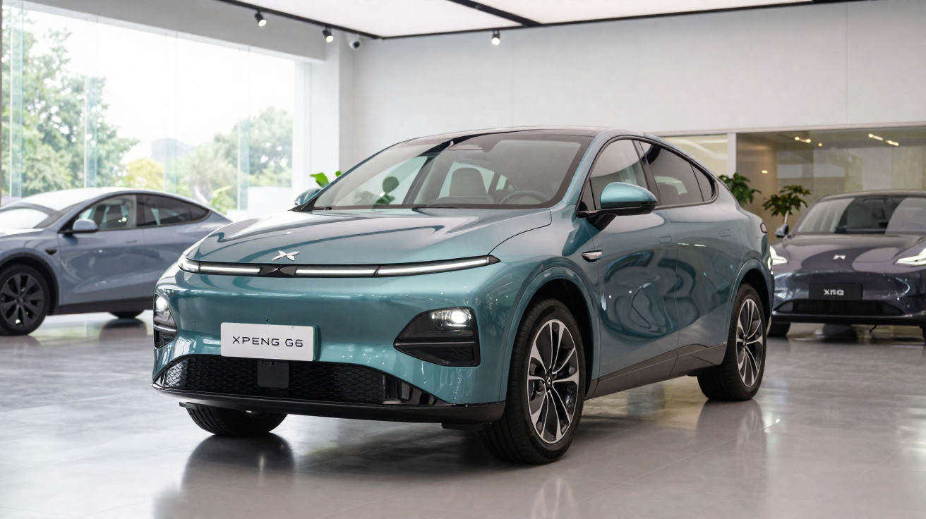 Carro elétrico XPeng G6 azul exposto em showroom moderno com piso branco e outras versões ao fundo.