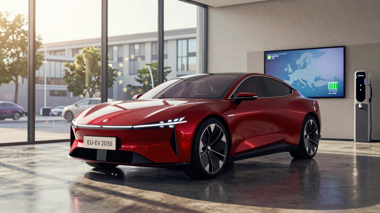 Carro elétrico vermelho futurista estacionado em ambiente interno, perto de estação de recarga e painel digital.