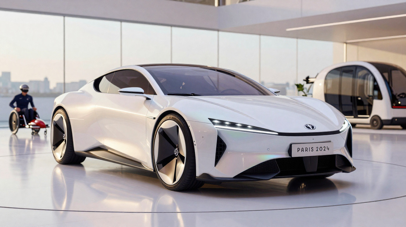 Carro elétrico branco futurista exposto, com placa "Paris 2024", em ambiente moderno e minimalista.