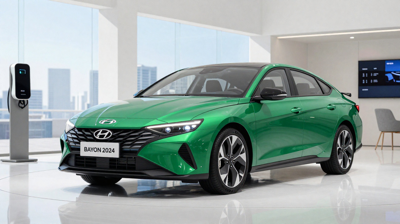 Carro elétrico Hyundai Bayon 2024 verde exibido em showroom moderno com estação de recarga ao lado.