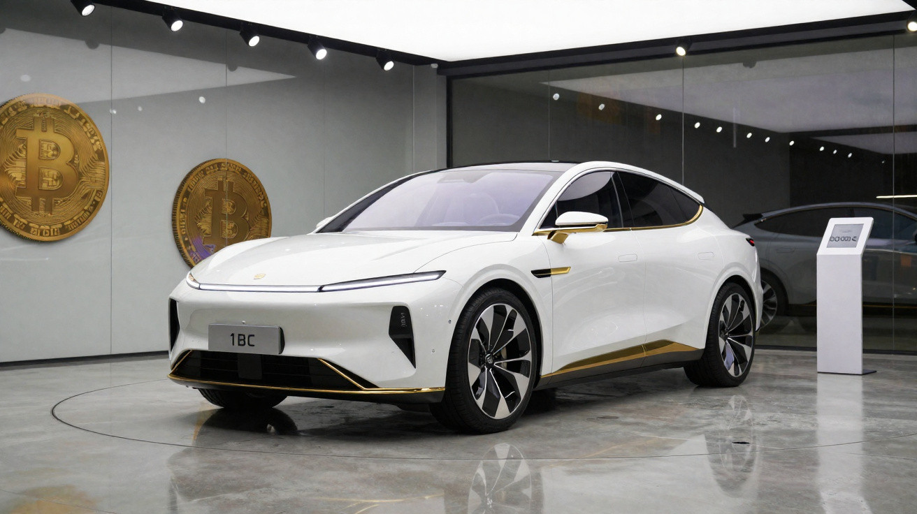 Carro elétrico branco com detalhes dourados em exposição interna, com duas moedas de bitcoin na parede atrás.