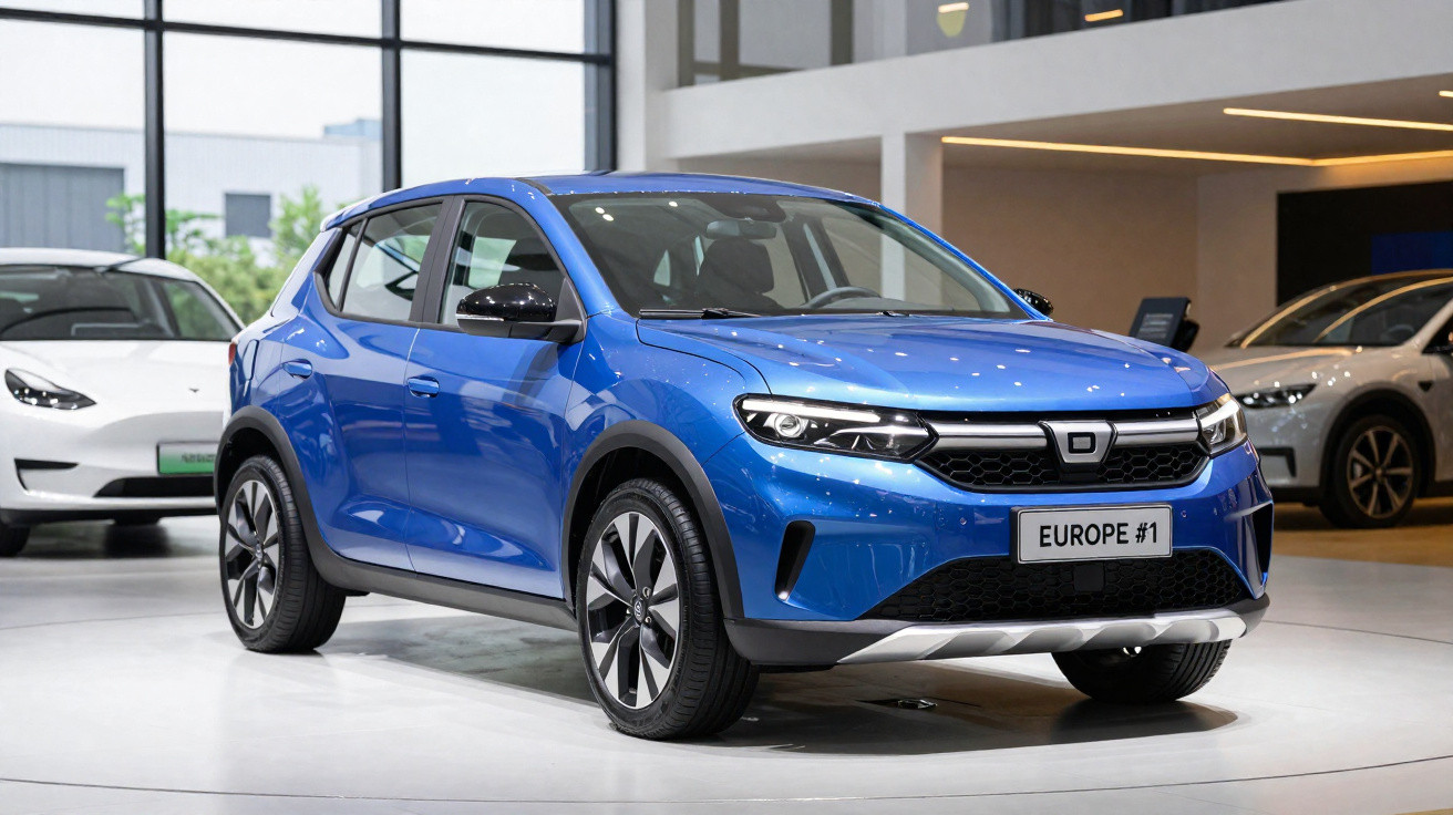 Carro SUV elétrico azul exposto em showroom moderno com outros veículos ao fundo.