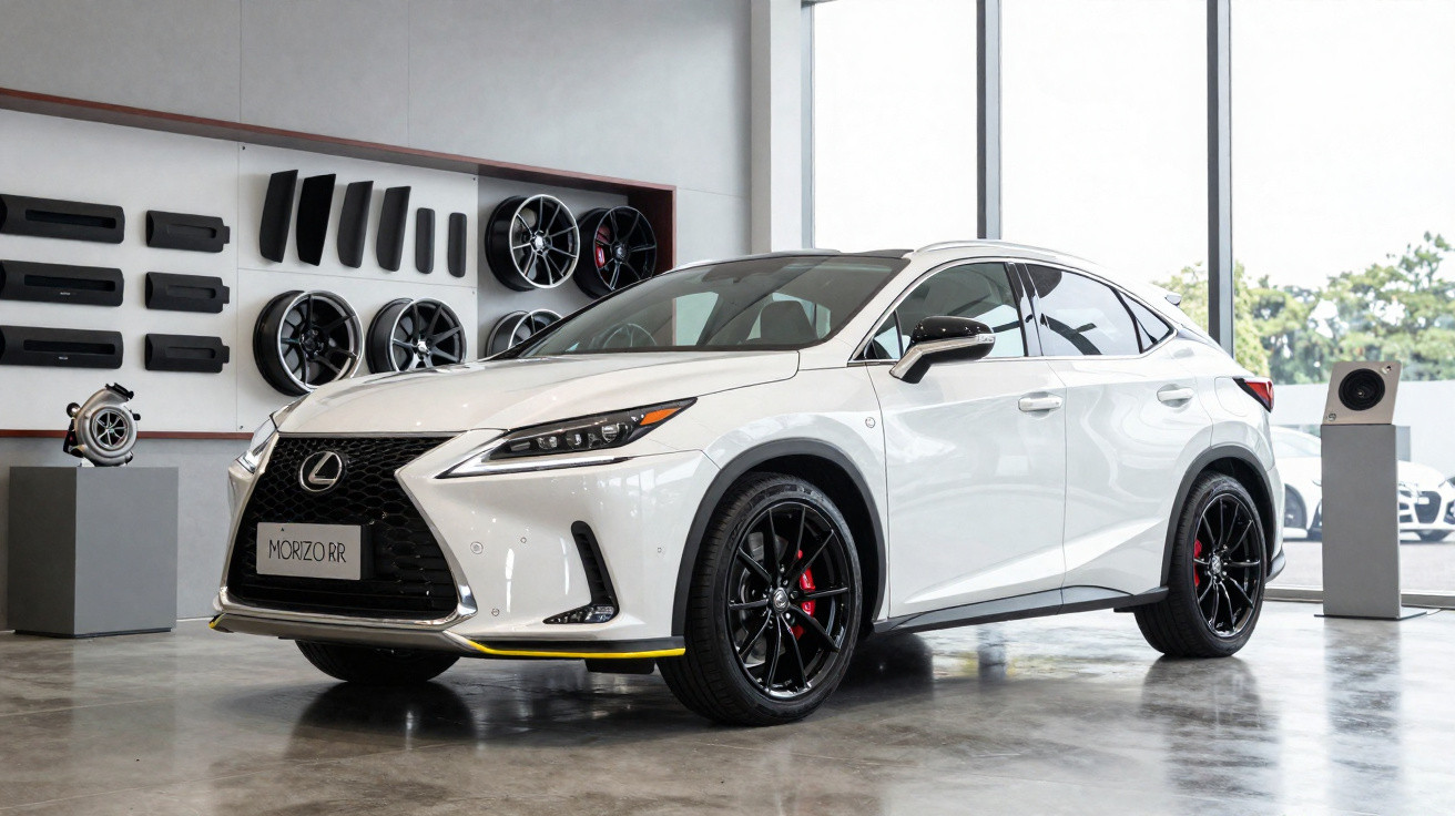 Carro branco Lexus UX 250h HB 2023 exposto em showroom moderno com rodas e acessórios na parede.