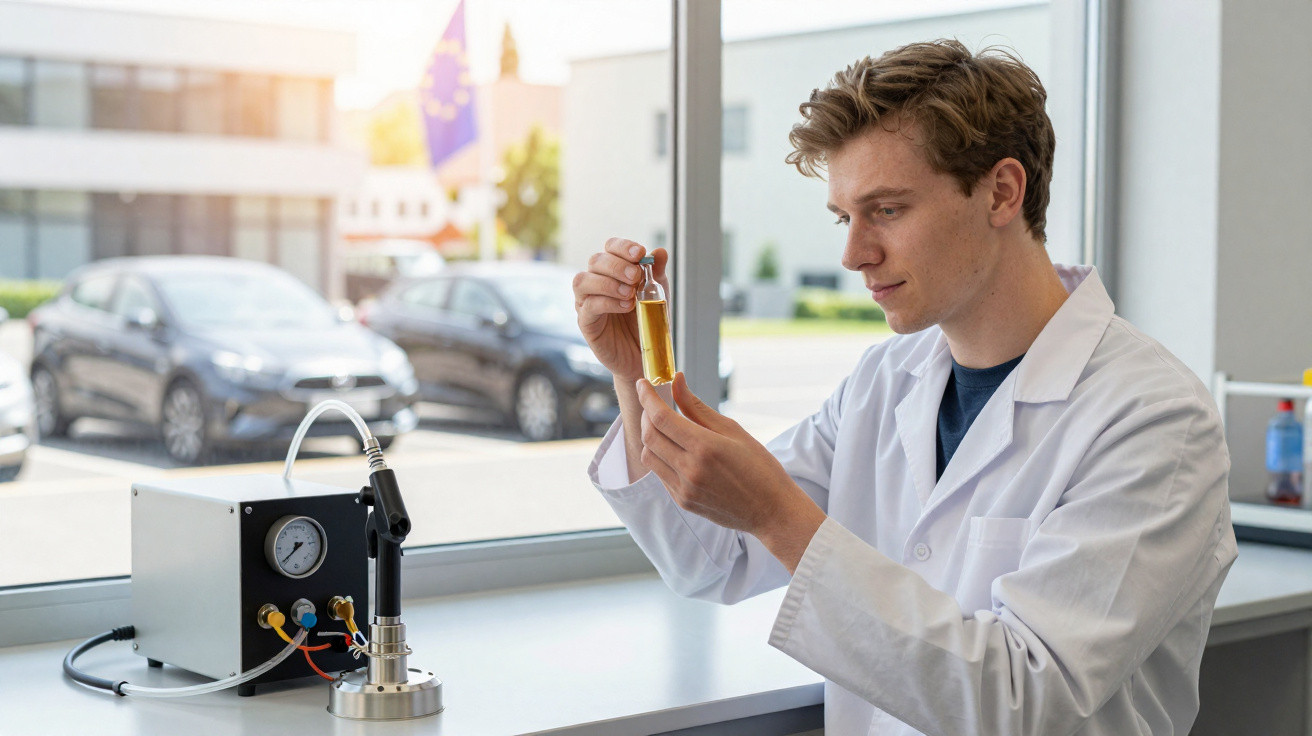 Homem de jaleco branco analisando frasco com líquido amarelo em laboratório junto à janela.