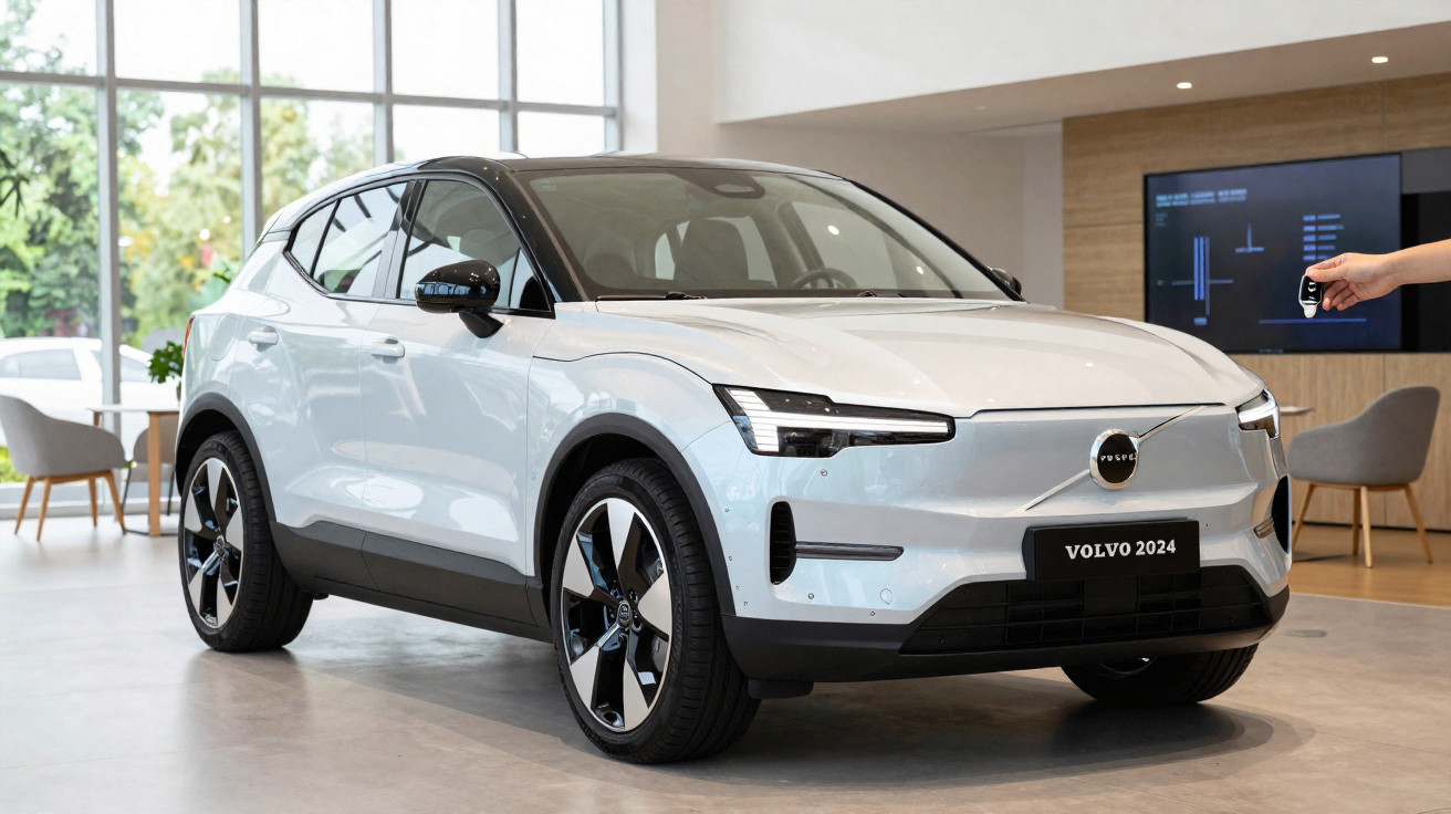 Carro elétrico Volvo 2024 branco exibido em showroom com uma pessoa segurando chave à direita.