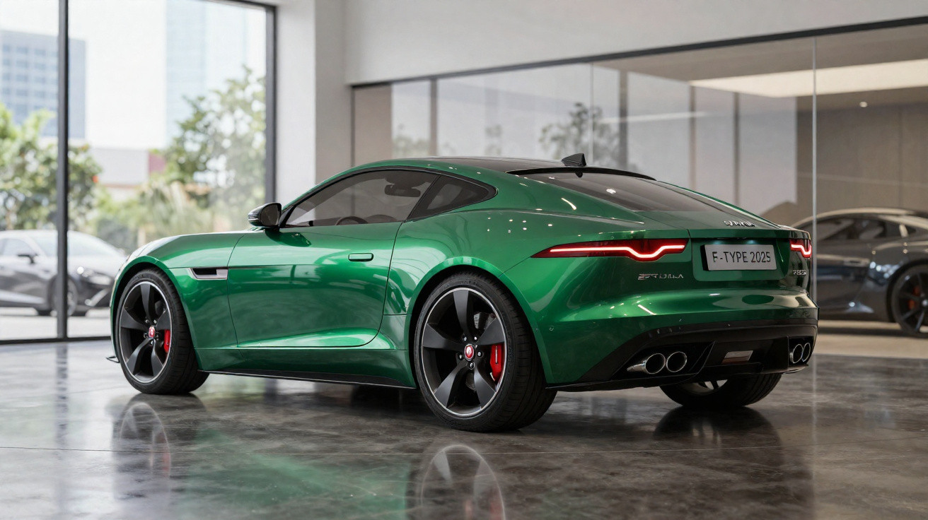 Carro esportivo verde Jaguar F-Type 2025 em showroom com piso refletivo e vidros amplos ao fundo.