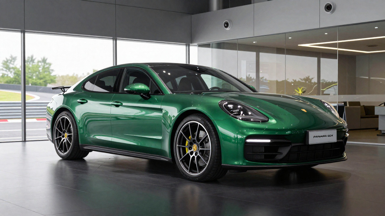 Carro esportivo verde Porsche Panamera 4S em showroom moderno com piso cinza e paredes de vidro.