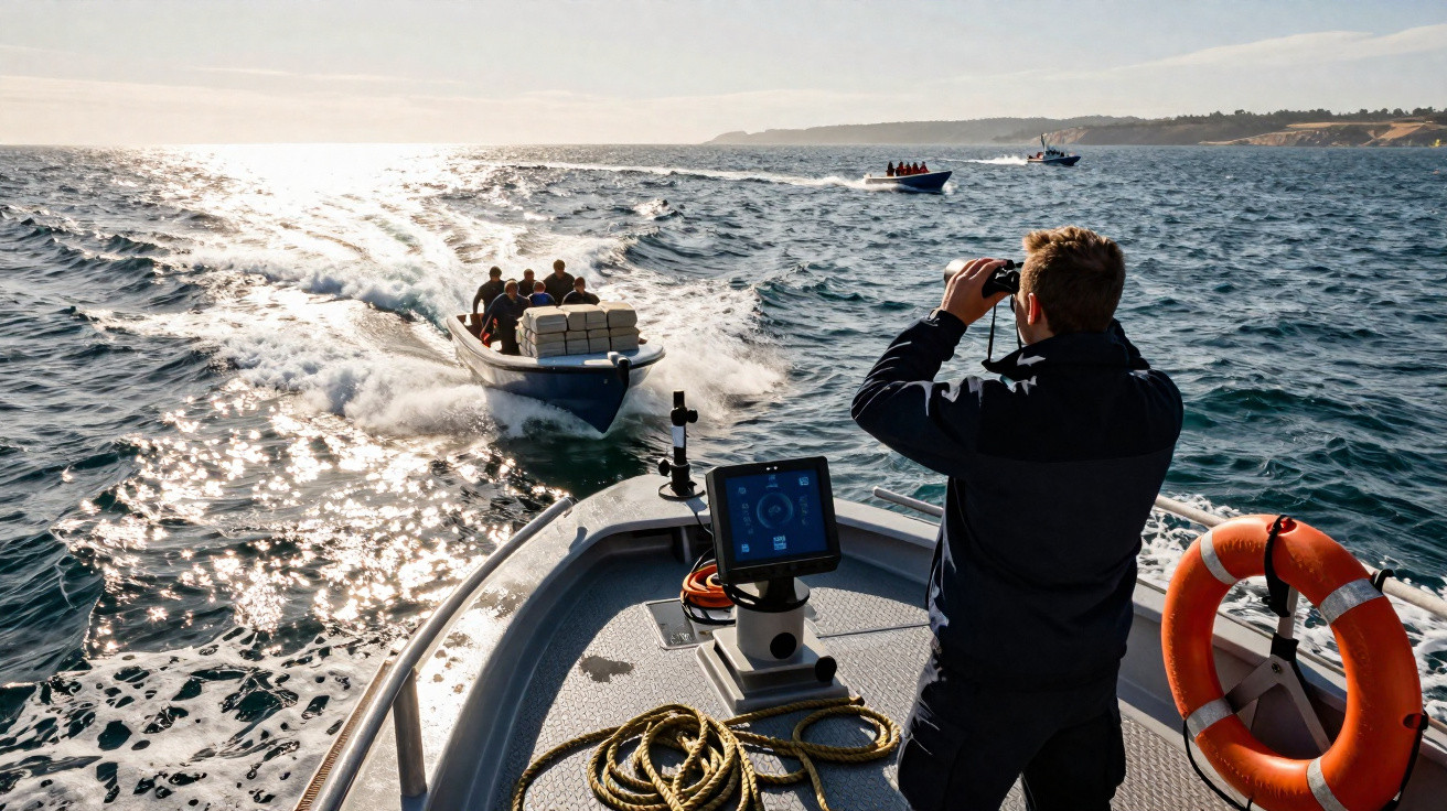 Pessoa em barco com binóculo observa outra embarcação cheia de pessoas em alto mar sob céu claro.