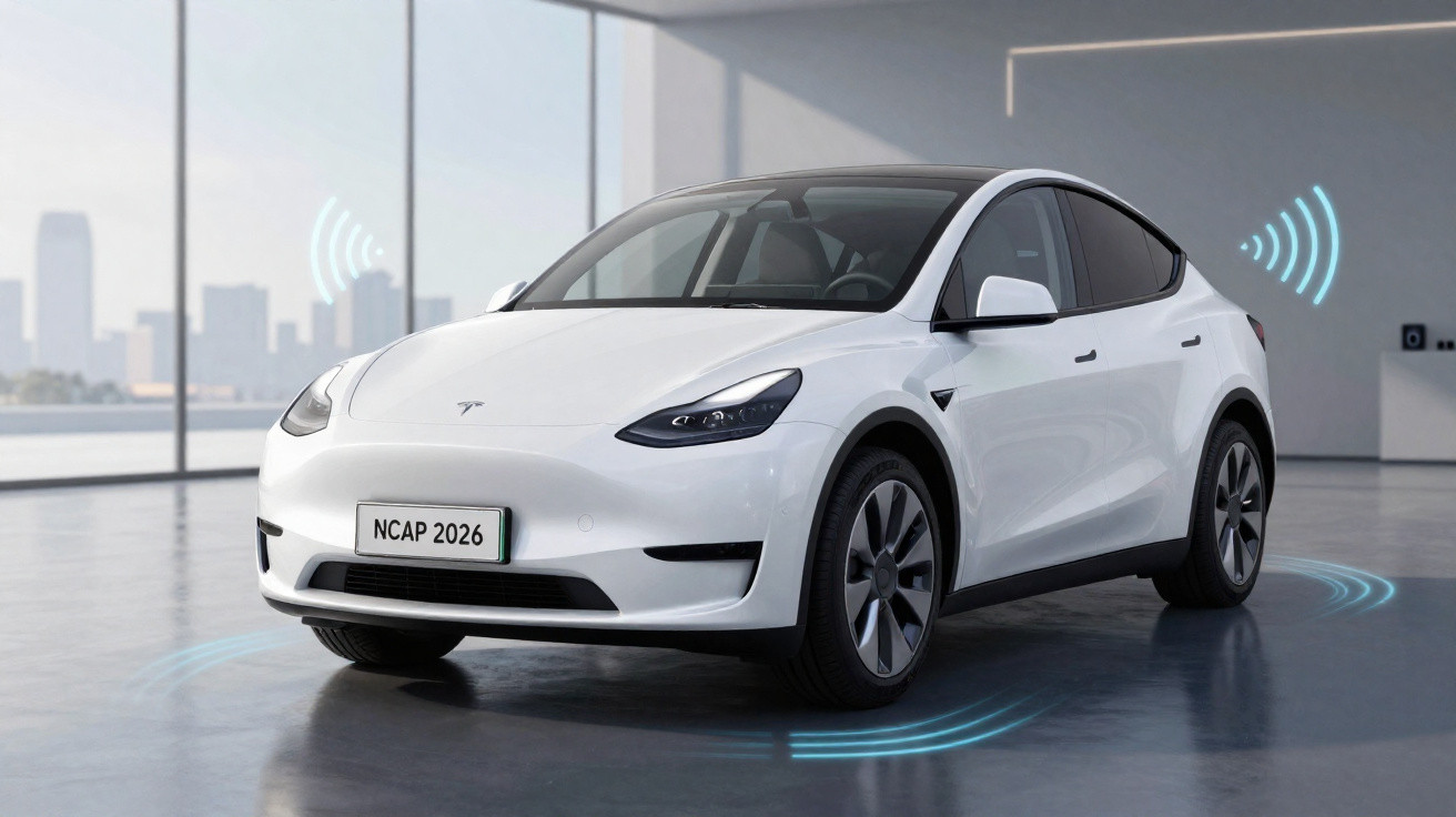 Carro elétrico branco em ambiente moderno, demonstrando tecnologia de sensores autônomos ao redor.