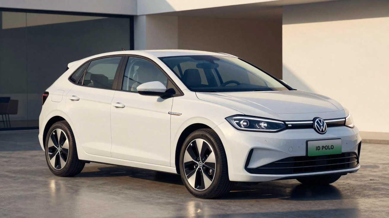 Carro elétrico branco Volkswagen ID Polo estacionado em área moderna e iluminada.