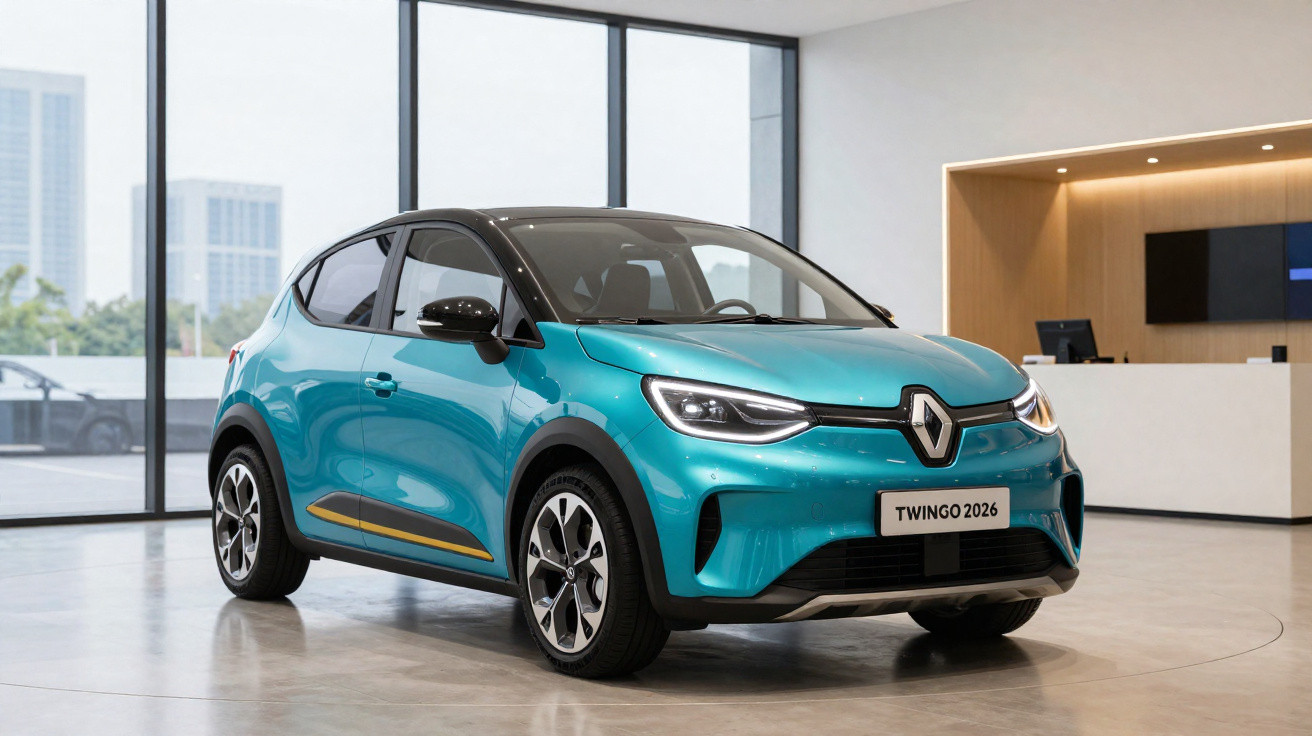 Carro Renault Twingo 2026 azul em exposição interna com janelas grandes ao fundo.