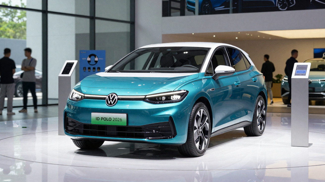 Carro elétrico Volkswagen ID Polo 2026 azul com teto branco exposto em salão de automóveis.