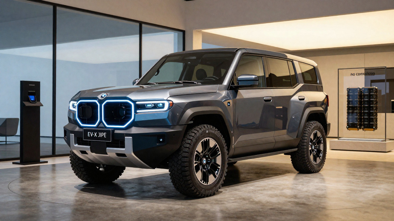 SUV elétrico BMW EV-X Jipe cinza estacionado em ambiente interno moderno.