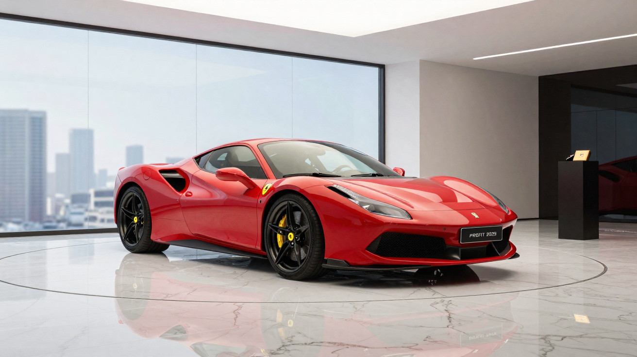 Carro esportivo vermelho Ferrari estacionado em showroom moderno com piso de mármore e vista da cidade.